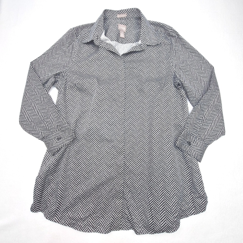 Chicos Tunic Top Womens Large Black White Herringbone Wrinkle Resistant